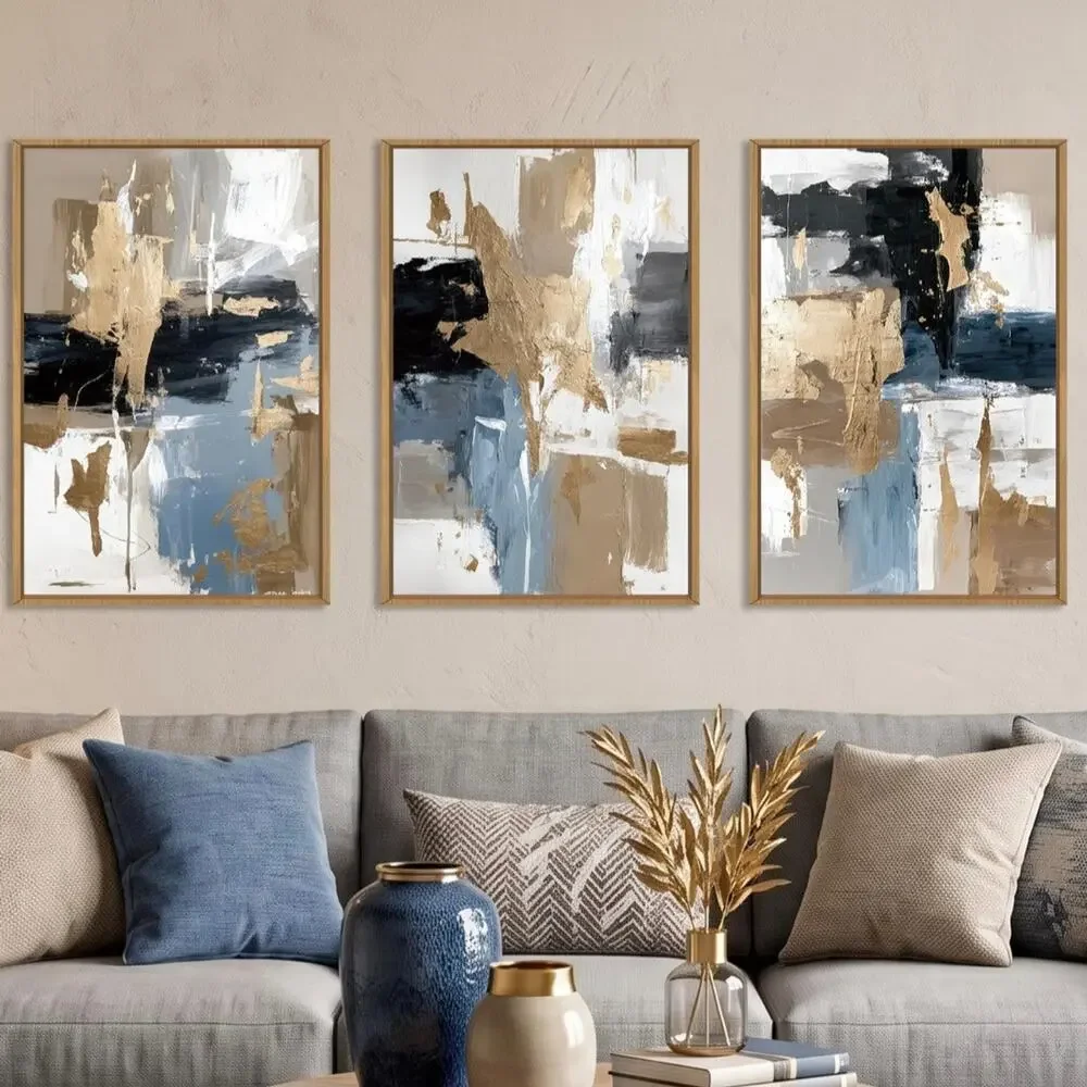 Navy Blue Gold Abstract Framed Canvas Wall Art Set 16x24 Triptych Decor. New OB